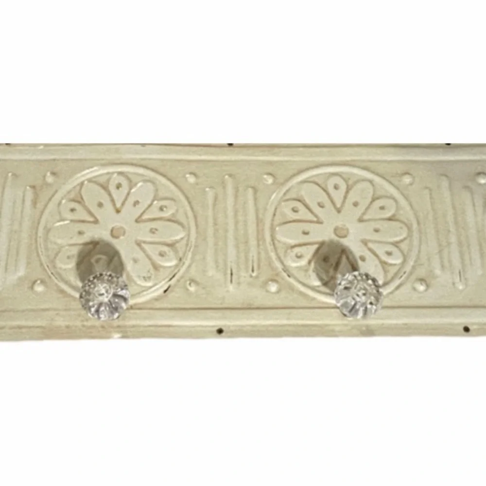 Vintage Style Embossed Antique White Metal Wall Rack Glass Knob Hangers. 24”